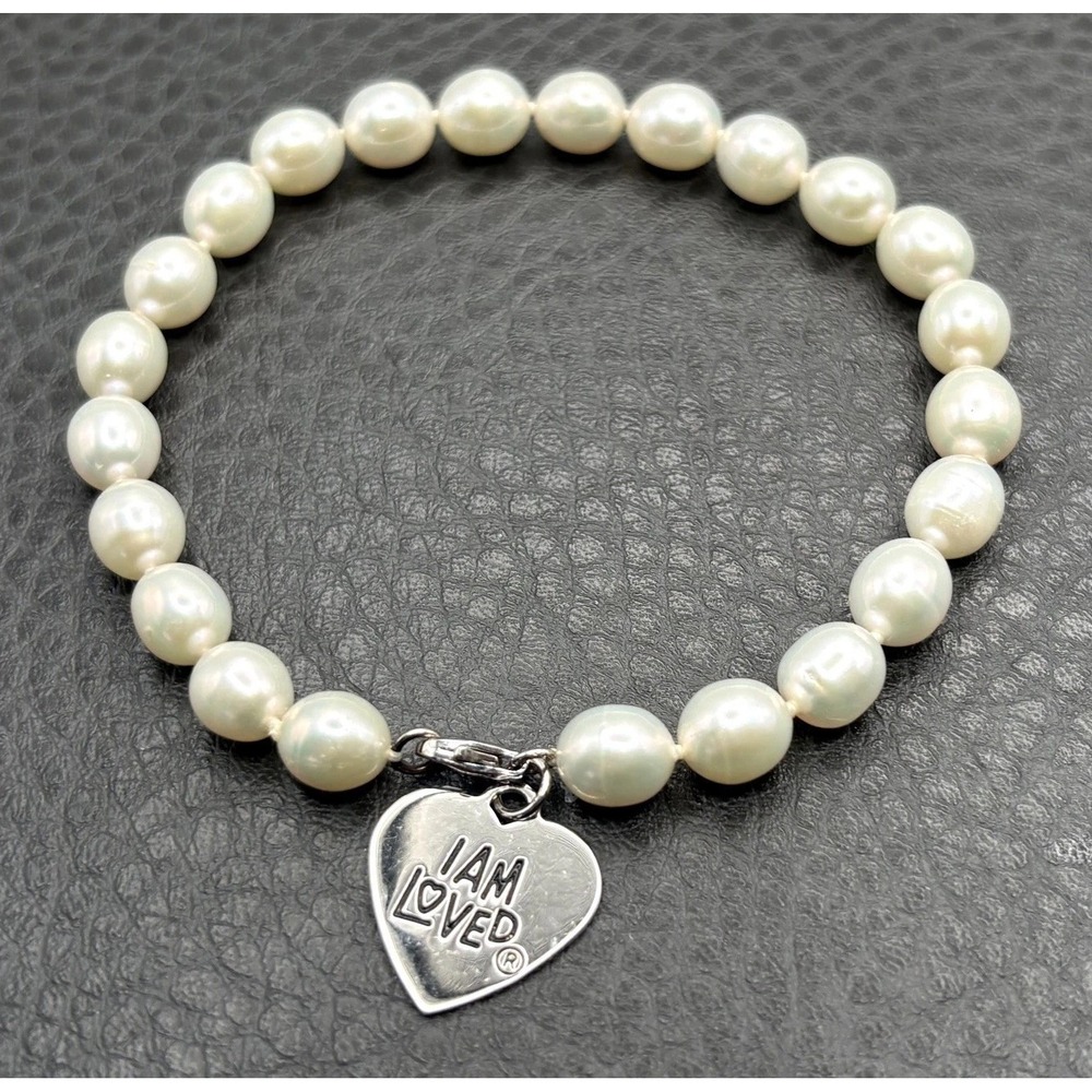 "I Am Loved" Sterling Silver Charm White Pearl Beaded Bracelet 925